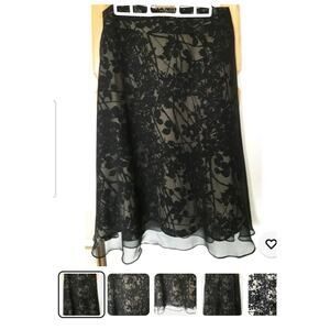 NWT 90s Tweeds 100% Silk black with tan underlay A line midi skirt size 12 CBK